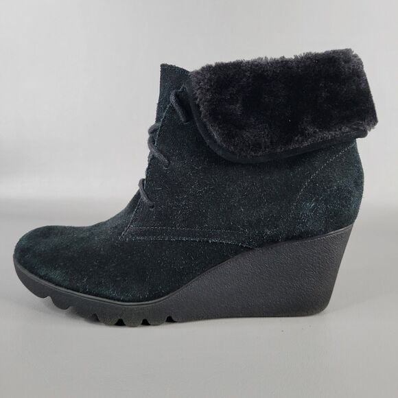 Donald J Pliner Maxxi Ankle Boots Wedge Lace Up Black Suede Size 8 M Faux Fur - Picture 2 of 14